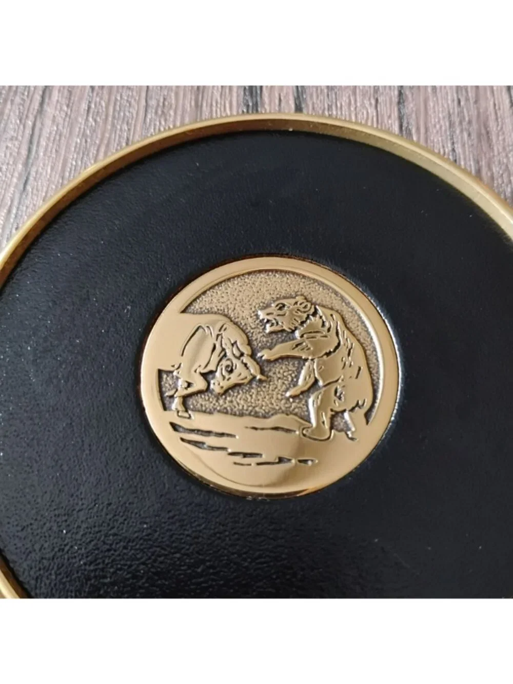 Vintage Brass Bull and Bear Coasters - Set of 7 Wall Street Leather Cork Backing